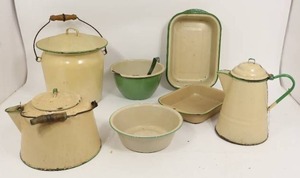 7 Piece Cream & Green Enamelware Lot - Enamel Ware - Vintage, Rustic, Primitive