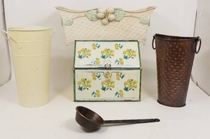 Vintage 40s Metal Breadbox, White wYellow Floral, Metal Farmhouse Decor Etc