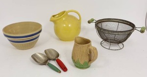 (6) Antique Stoneware Yellowware Pottery Blue Stripe Bowl, Wood-Handled Utensils, Yellow Ball Pitcher Etc.