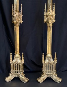 lot 29 image: Pair of Ornate Gothic Paschal Candlestick, All Polished Brass