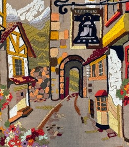 lot 94 image: Crewel Embroidery Wall Tapestry  Vintage European Fabric Wall Hanging