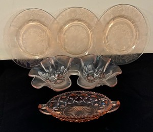 lot 223 image: Depression Glass, Slate Coasters, Candle Holder, Figurines and more