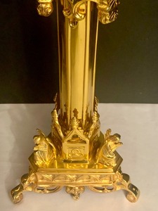 lot 5A image: Pair of Brass Paschal Candlesticks  Vintage Traditional Brass Church Altar Candlesticks