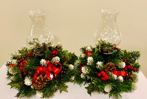 lot 353 image: Christmas Decor with Glass Candle Holders, Towels, Stocking Holder and More