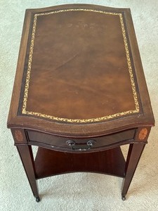 lot 430 image: Vintage Wooden Single Drawer Accent Table with Leather Inlay and Metal Casters