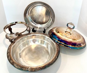 lot 51 image: Vintage Silver Platted Chafing Dish with Warmer and Insert, HAGERTY SILVERSMITHS CLOT BAG & Brass Tray