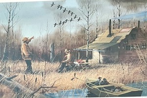 lot 84 image: Framed Artist Signed and Numbered LES C. KOUBA WILDFOWLIN AT THE HILTON #4442000 with Stamp