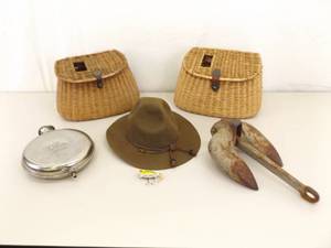 lot 28 image: Vintage Fly Fishing Wicker Baskets, Anchor, Ranger Cap, etc.