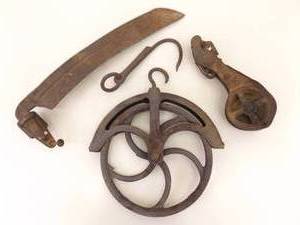 lot 46 image: Lot of Antique Iron Pulleys, Scythe, etc.