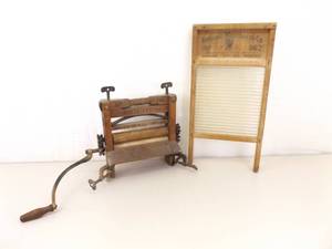 lot 87 image: Antique Brighton Laundry Wringer and National Glass Washboard