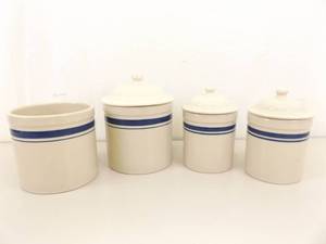 lot 93 image: Roseville Pottery Lidded Canister Set wextra Utensil Holder Counter Crock