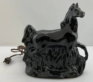 lot 167 image: Vintage 1950s MCM Glazed Ceramic Black Horse TV Lamp (WORKS)