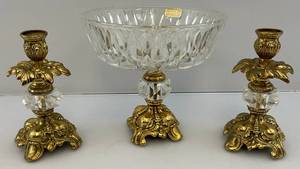 lot 172 image: RARE FIND 1960s Pair Of Hollywood Glam Beautiful Brass & Glass Candlesticks & Candy Dish