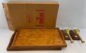 lot 219 image: Vintage Wood Serving Trays And Wall Scones