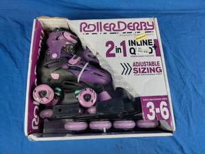 lot 213 image: New Roller Derby Green Wire Kids Adjustable Inline-Quad Combo Skates Size 3 to 6
