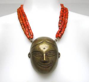 lot 3 image: Vintage HUGE Brass Face Pendant Necklace wCoral Beads