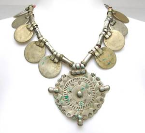 lot 4 image: Vintage Indian Banjara  Lambadi Large Coin Pendant Necklace