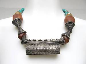 lot 5 image: Large Vintage Sterling Silver Yemeni Amulet Necklace wTurquoise & Other Stone Beads