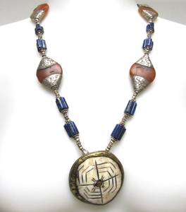 lot 13 image: Ornate Old Tibetan Bone Pendant Necklace wAmber & Lapis