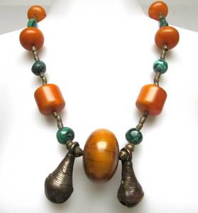 lot 14 image: Large Vintage Tribal Necklace wAmber Malachite & Brass Bells