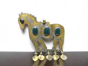 lot 29 image: Large Tekke Turkmen Horse Pendant wGreen Stones or Glass 