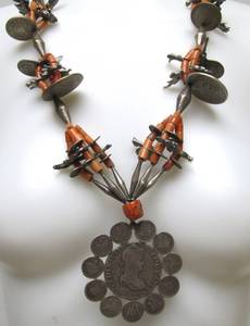 lot 30 image: Wonderful LARGE Old Central American Sterling Silver & Coral Pendant Necklace FULL of 19th Century Silver Coins