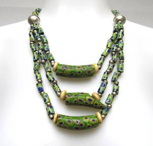 lot 31 image: Large 3-Strand Necklace wAntique Green Venetian Millefiori Trade Beads