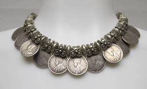 lot 36 image: Old Vintage Dowry Necklace wGenuine Old Silver Indian Half Rupee Coins
