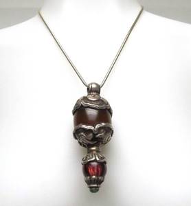 lot 38 image: Beautiful LARGE Genuine Tibetan Silver & Amber Amulet Pendant Necklace