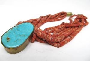 lot 45 image: Multi Strand Coral wLarge Turquoise Pendant Necklace