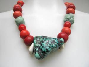 lot 46 image: Large Chunky Turquoise & Coral Type Beaded Necklace