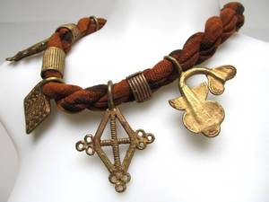 lot 48 image: Large Cloth Necklace wBrass Pendant Adornments