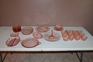 lot 2-1 image: Set of Pink Sharon Cabbage Rose Depression Glass