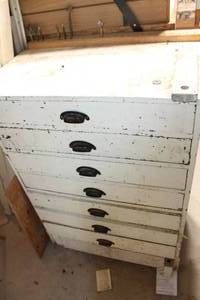 lot 83 image: 8-Drawer Wooden Cabinet on Casters with Contents