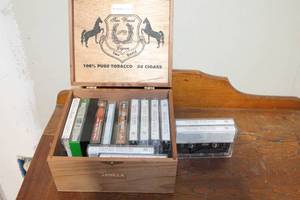 lot 89 image: Assorted Cassette Tapes in Wooden Cigar Box