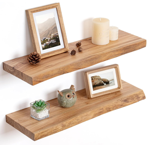 lot 145 image: 2PCS Floating Shelves for Wall Decor, Rustic Solid Elm Wood Floating Shelves Wall Mounted