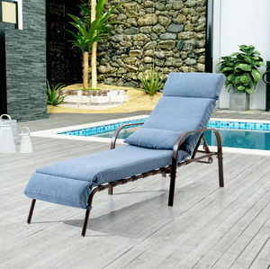 lot 586 image: Metal Outdoor Chaise Lounge with Dark Blue Cushions