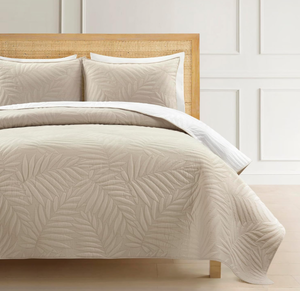 lot 164 image: Lush Decor Isla Embroidered Leaf Reversible Cotton Quilt NeutralWhite 3 Piece Set FullQueen