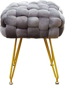 lot 244 image: Velvet Square Vanity Stool, Woven Upholstered Footstool Modern Ottoman Footrest with Metal Legs