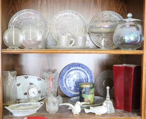 lot 43 image: MCM Redwing Pottery Geometric Ceramic Vase, Hand-Blown Toscany Covered CandyPedestal Bowl Romania, Bohemian 24% Lead Crystal Candle Holders Etc.