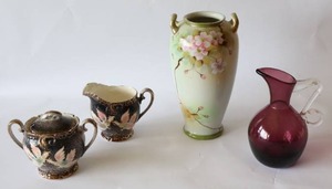 lot 47 image: Moriage-Style Cream Sugar Set Black Gold  MCM Style Hen Japan 518, Murano() Amethyst Pitcher, Hand Painted Imperial Vase