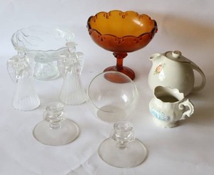 lot 49 image: Halls Teapot, Amber Pedestal Fruitbowl, Crystal Angel Candle Holders Etc.