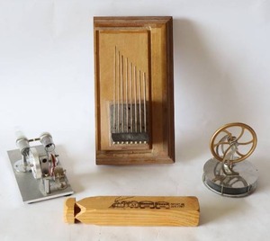 lot 93 image: Powerful Hot Air Stirling Engine Model Toy Mini Electricity Generator Motor, Hand Carved Wooden Train Whistle, Vintage Clock Chimes,