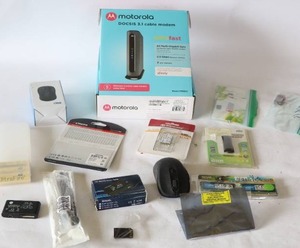 lot 113 image: Motorola DOCSIS Cable Modem NIB, 2TB Kingston NV1 Solid-State Drive Flash, Card Readers