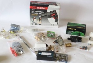 lot 115 image: Garage Tools Hardware EtcDrillmaster 120v 38 VS Rev Drill, Davrpes, Autogine LED Lights Etc