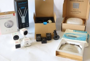 lot 214 image: Goodland  AC1200 WiFi Range Extender, EKEN Outdoor Security Camera, Simple TV Network DVR Tuner, Talking Clock Etc