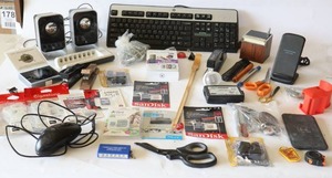 lot 230 image: Vintage Radio Shack Realistic WeatherRadio, Logitech LS21 Stereo Speakers, Mustool USBDC Digital Tester, Memory Cards, Camera Etc