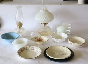 lot 289 image: Vintage Collectible Hurricane Oil Lamps Milk-Glass Serving Bowls Etc