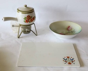 lot 294 image: MCM Ceramic-Style Fondue PotStand, Cutting Board, Hand Painted Fine China Bowl