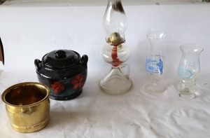 lot 29 image: Vintage Collectible Stoneware Cookie Jar Hand-Painted Floral wLid, Hurricane Glass Finger Lamp, Brass Flower Pot, Florida Advertising Drink Glass 1978